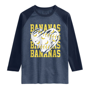 Retro Bananas Raglan Shirt Vintage Baseball Heart Graphic Game Day Gifts TS10 Heather Denim Navy Print Your Wear
