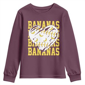 Retro Bananas Youth Sweatshirt Vintage Baseball Heart Graphic Game Day Gifts TS10 Maroon Print Your Wear