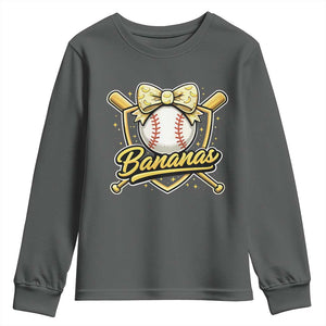 Bananas Coquette Bow Youth Sweatshirt Baseball Bats Banana Lovers Women Girls Kids TS10 Dark Heather Print Your Wear