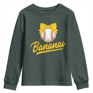 Bananas Coquette Bow Youth Sweatshirt Banana Retro Popular Fruit Humor Cute Girls Kids TS10 Dark Forest Green Print Your Wear