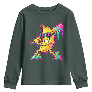 Banana Baseball Drip Youth Sweatshirt Funny Baseball Drip Ice Cream Kids Youth Boys TS10 Dark Forest Green Print Your Wear