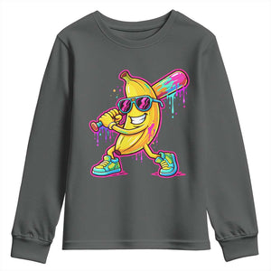 Banana Baseball Drip Youth Sweatshirt Funny Baseball Drip Ice Cream Kids Youth Boys TS10 Dark Heather Print Your Wear