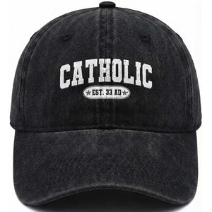 Catholic Since 33 AD Washed Cotton Baseball Cap Vintage Varsity Crucifix Jesus Eucharist Christianity TS10 Print Your Wear