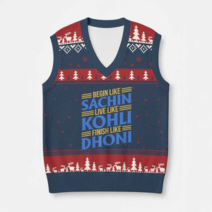 Indian Cricket V-Neck Knit Sweater Vest Begin Like Sachin Live Like Kohli Finish Like Dhoni TS10 Navy Red Print Your Wear