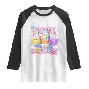 Just A Girl Who Loves Squishies Raglan Shirt Cute Kawaii Dumpling Graphic Coquette Bow Girls