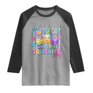 Just A Girl Who Loves Squishies Raglan Shirt Cute Butter Dumpling Graphic Coquette Bow Girls