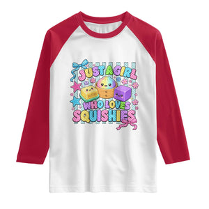 Just A Girl Who Loves Squishies Raglan Shirt Cute Butter Dumpling Graphic Coquette Bow Girls