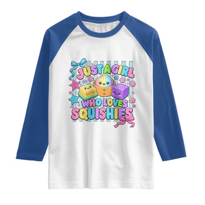 Just A Girl Who Loves Squishies Raglan Shirt Cute Butter Dumpling Graphic Coquette Bow Girls