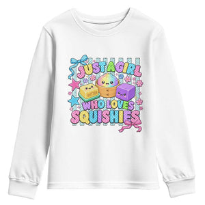 Just A Girl Who Loves Squishies Youth Sweatshirt Cute Butter Dumpling Graphic Coquette Bow Girls