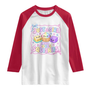 Just A Girl Who Loves Squishies Raglan Shirt Squishy Lovers Kawaii Dumpling Graphic Coquette Bow Girls TS10 White Red Print Your Wear