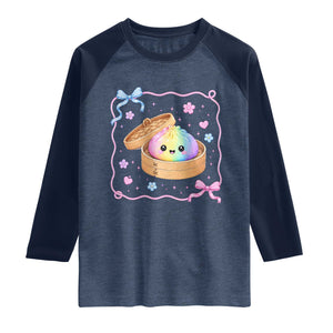 Squishy Lovers Raglan Shirt Cute Dumpling Graphic Coquette Bow Girls TS10 Heather Denim Navy Print Your Wear