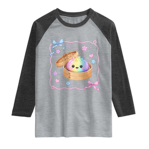 Squishy Lovers Raglan Shirt Cute Dumpling Graphic Coquette Bow Girls TS10 Heather Gray Heather Charcoal Print Your Wear