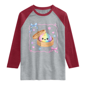 Squishy Lovers Raglan Shirt Cute Dumpling Graphic Coquette Bow Girls TS10 Heather Gray Heather Red Print Your Wear