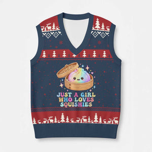 Just A Girl Who Loves Squishies V-Neck Knit Sweater Vest Cute Rainbow Dumpling Squishy Graphic TS10 Navy Red Print Your Wear