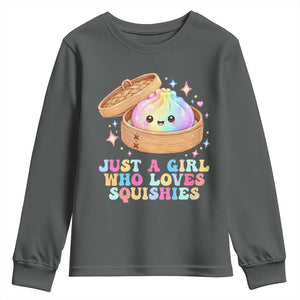Just A Girl Who Loves Squishies Youth Sweatshirt Cute Rainbow Dumpling Squishy Graphic TS10 Dark Heather Print Your Wear