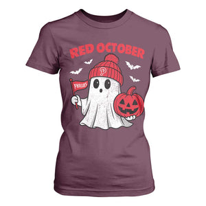 Red October Halloween Ghost T Shirt For Women Philadelphia Spooky Pumpkin Baseball Fan TS10 Maroon Print Your Wear