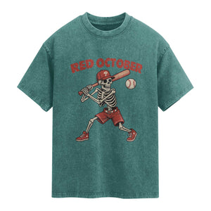Red October Skeleton Baseball Washed Cotton T-Shirt Philadelphia Halloween Costume Funny