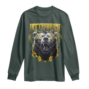 Vintage Pittsburgh Long Sleeve Shirt Retro Sports Fan Wild Bear Mascot Streetwear Bootleg TS10 Dark Forest Green Print Your Wear