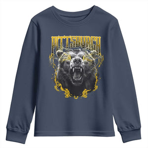 Vintage Pittsburgh Youth Sweatshirt Retro Sports Fan Wild Bear Mascot Streetwear Bootleg TS10 Navy Print Your Wear