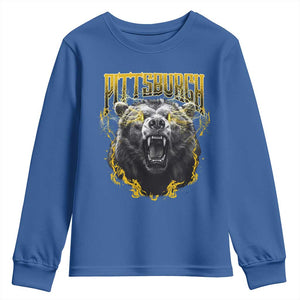 Vintage Pittsburgh Youth Sweatshirt Retro Sports Fan Wild Bear Mascot Streetwear Bootleg TS10 Royal Blue Print Your Wear