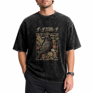 Funny F Caw F Crow Washed Cotton T-Shirt Vintage Bird Saying Adult Humor Gothic Tarot Card