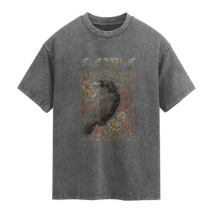 Funny F Caw F Crow Washed Cotton T-Shirt Vintage Bird Saying Adult Humor Gothic Tarot Card