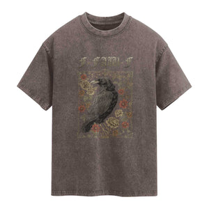 Funny F Caw F Crow Washed Cotton T-Shirt Vintage Bird Saying Adult Humor Gothic Tarot Card