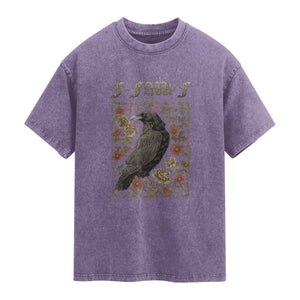 Funny F Caw F Crow Washed Cotton T-Shirt Vintage Bird Saying Adult Humor Gothic Tarot Card