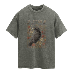 Funny F Caw F Crow Washed Cotton T-Shirt Vintage Bird Saying Adult Humor Gothic Tarot Card