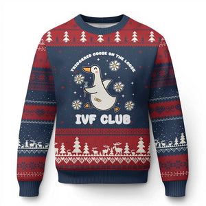 Funny IVF Ugly Christmas Sweater Triggered Goose On The Loose Infertility Support Gift TS10 Navy Red Print Your Wear