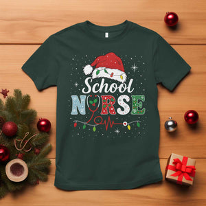 Christmas School Nurse T Shirt Xmas Lights Red Santa Hat Crew Nurse - Print Your Wear