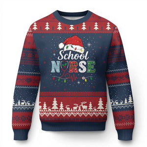 Xmas School Nurse Ugly Christmas Sweater Xmas Lights Red Santa Hat Crew Nurse TS10 Navy Red Print Your Wear