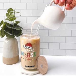 Christmas School Nurse Glass Can Xmas Lights Red Santa Hat Crew Nurse - Print Your Wear