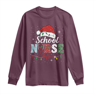 Christmas School Nurse Long Sleeve Shirt Xmas Lights Red Santa Hat Crew Nurse TS10 Maroon Print Your Wear
