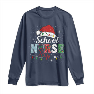 Christmas School Nurse Long Sleeve Shirt Xmas Lights Red Santa Hat Crew Nurse TS10 Navy Print Your Wear