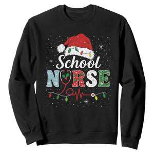 Christmas School Nurse Sweatshirt Xmas Lights Red Santa Hat Crew Nurse - Print Your Wear