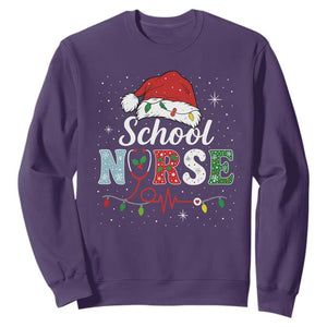 Christmas School Nurse Sweatshirt Xmas Lights Red Santa Hat Crew Nurse - Print Your Wear