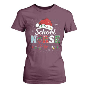 Christmas School Nurse T Shirt For Women Xmas Lights Red Santa Hat Crew Nurse - Print Your Wear