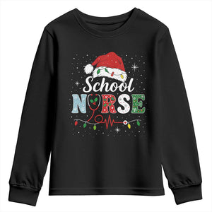 Christmas School Nurse Youth Sweatshirt Xmas Lights Red Santa Hat Crew Nurse - Print Your Wear