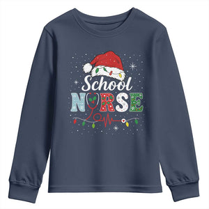 Christmas School Nurse Youth Sweatshirt Xmas Lights Red Santa Hat Crew Nurse TS10 Navy Print Your Wear