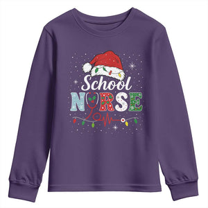 Christmas School Nurse Youth Sweatshirt Xmas Lights Red Santa Hat Crew Nurse - Print Your Wear