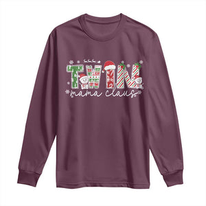 Christmas Twin Mama Claus Long Sleeve Shirt Pregnancy Announcement TS10 Maroon Print Your Wear