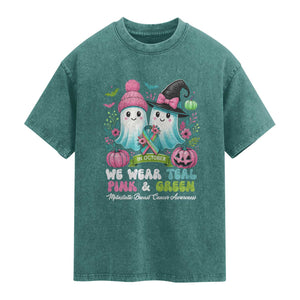 Metastatic Breast Cancer Awareness Ghost Washed Cotton T-Shirt Halloween Green Teal Pink Ribbon