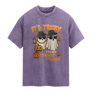 Funny Ghost Washed Cotton T-Shirt It's Tricky Tricky Tricky 90s Nostalgia Halloween Costume