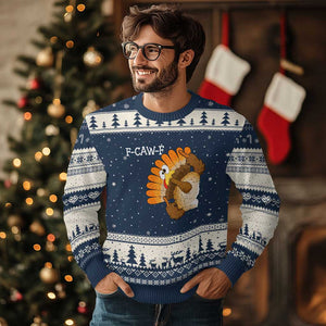 F-Caw-F Funny Silly Turkey Ugly Christmas Sweater Happy Thanksgiving Day Family Dinner TS10 Navy Beige Print Your Wear