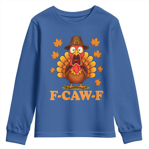 F-Caw-F Funny Turkey Youth Sweatshirt Happy Thanksgiving Day Autumn Family Dinner TS10 Royal Blue Print Your Wear