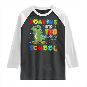 100 Days Of School Dinosaur Raglan Shirt Trex Dino Skateboard Skateboarding Boys Roaring Into 100th Day TS10 Black White Print Your Wear