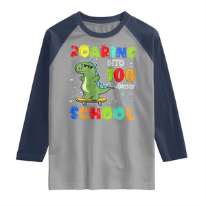 100 Days Of School Dinosaur Raglan Shirt Trex Dino Skateboard Skateboarding Boys Roaring Into 100th Day TS10 Sport Gray Navy Print Your Wear