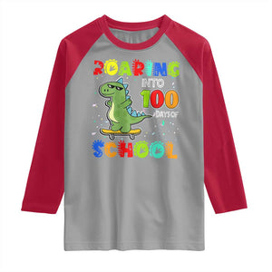 100 Days Of School Dinosaur Raglan Shirt Trex Dino Skateboard Skateboarding Boys Roaring Into 100th Day TS10 Sport Gray Red Print Your Wear