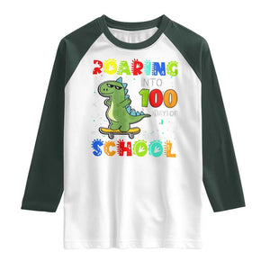 100 Days Of School Dinosaur Raglan Shirt Trex Dino Skateboard Skateboarding Boys Roaring Into 100th Day TS10 White Dark Forest Green Print Your Wear
